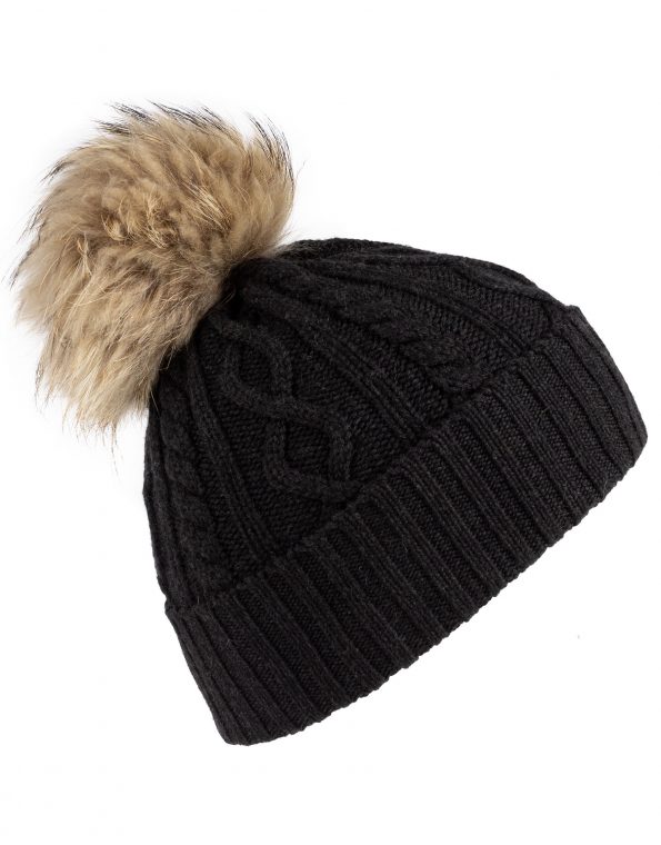 berretto-cappello-cuffia-lana-merinos-trecce-aran-enea-cashmere-ponpon-pelliccia-nero