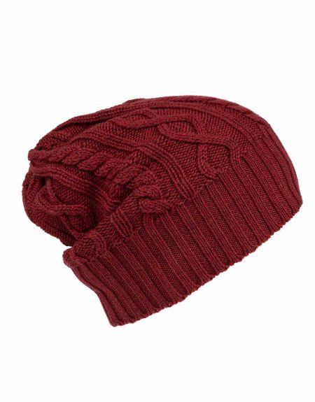 cappello di lana merinos uomo donna a trecce e aran com bordo a coste colore bordeaux