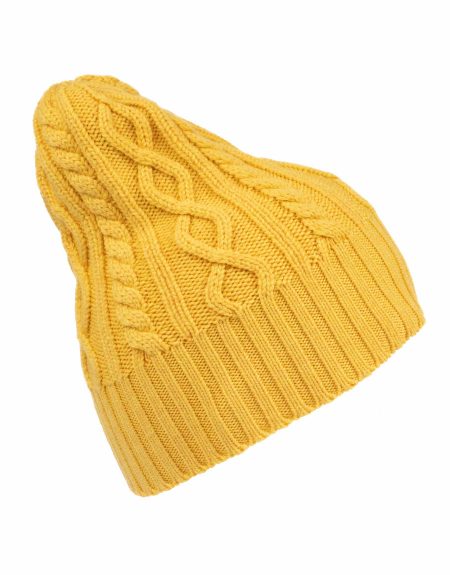 cappello di lana merinos uomo donna a trecce e aran com bordo a coste colore giallo